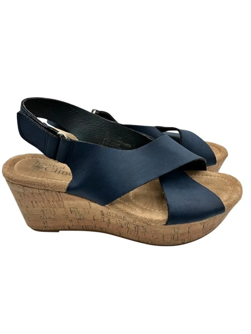 Jessica Cline Navy Blue Wedge Sandals Cork Platform Slingback Women's Size 8.5M
